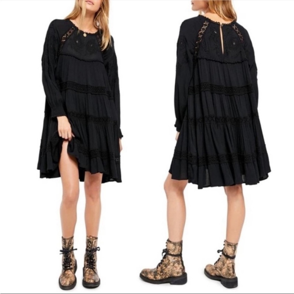 Free People Piece Of Your Heart Mini Dress Black
Tiered Lace Trim Boho Sz S